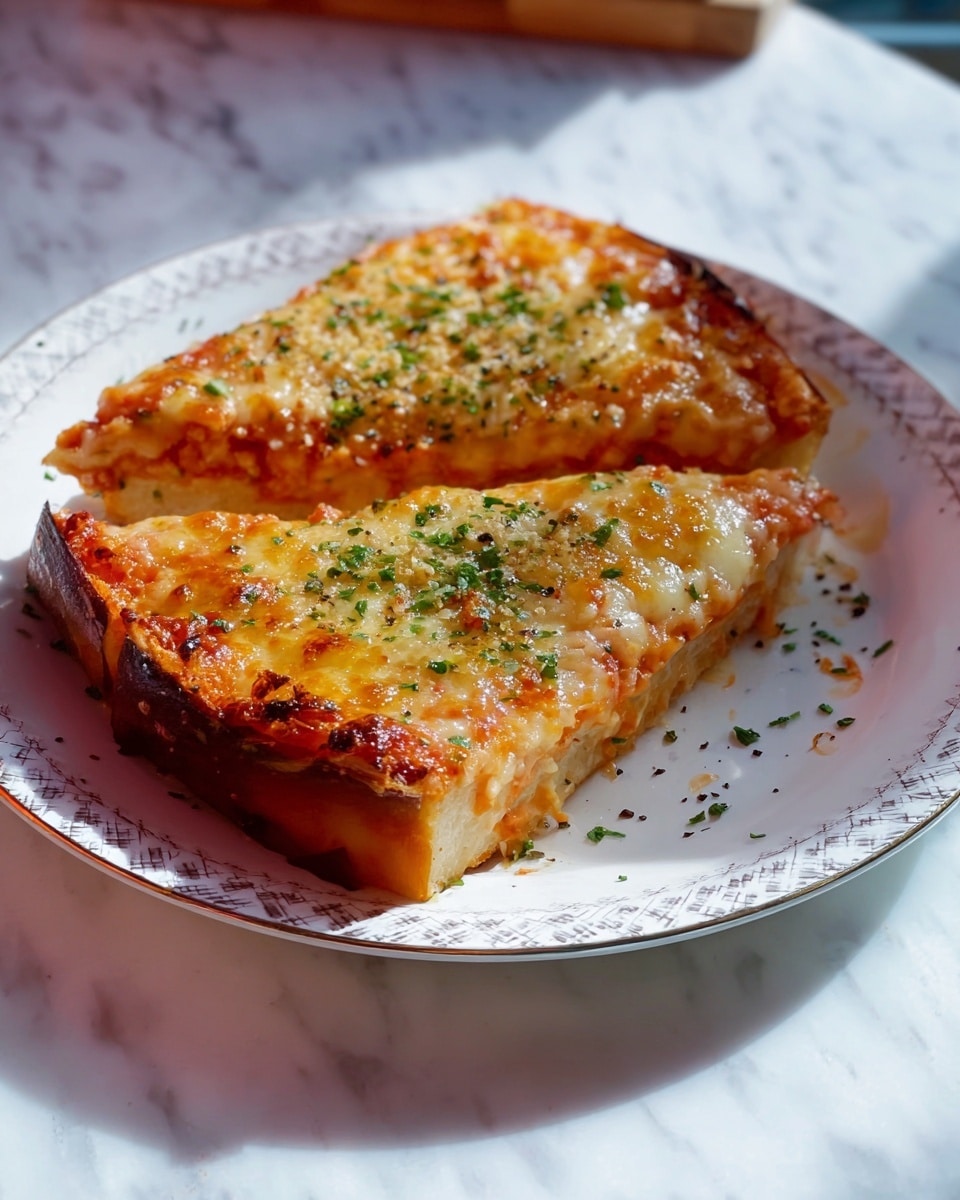Two thick slices of pizza sit on a white plate with a patterned edge. Each slice has three visible layers: a golden-brown crust at the bottom, a middle layer of tomato sauce mixed with cheese, and a top layer of melted, slightly browned cheese sprinkled evenly with small green herb pieces and a touch of black pepper. The cheese melts over the crust edges slightly. The plate is set on a white marbled surface with soft lighting giving the food a warm, inviting look. Photo taken with an iphone --ar 4:5 --v 7