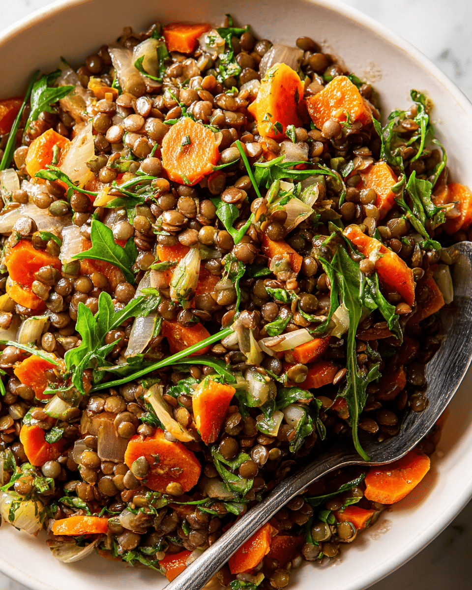 A close-up view of a lentil salad in a white bowl, showing multiple layers of small, round brown lentils mixed with bright orange carrot pieces, pale cooked onion chunks, green leafy herbs, and scattered small green chives. The salad is glossy with a light dressing, making the lentils and vegetables look fresh and slightly shiny, with a dark spoon visible in the lower part of the bowl. The bowl sits on a white marbled surface. photo taken with an iphone --ar 4:5 --v 7