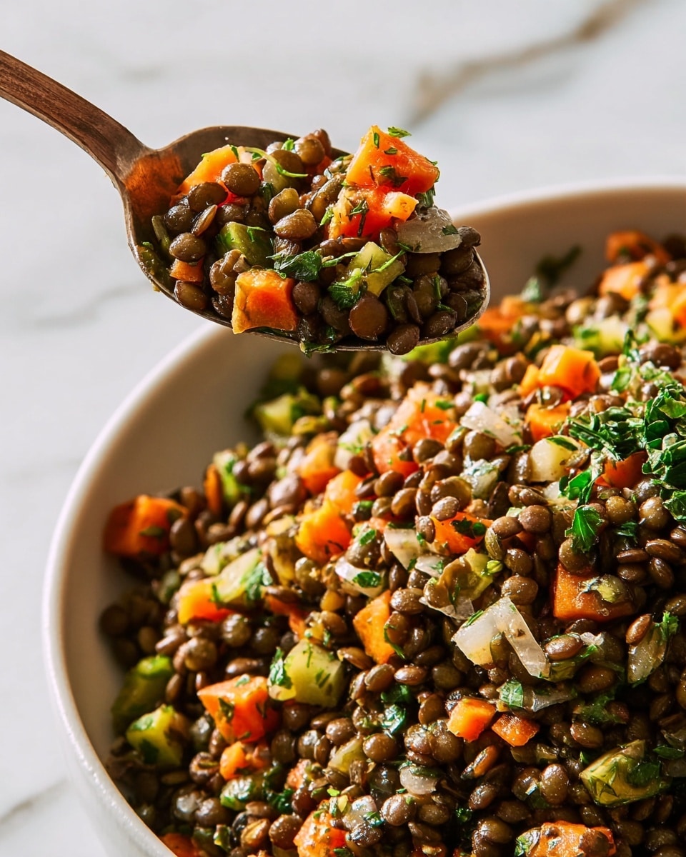 This image shows a close-up of a lentil salad being scooped with a spoon above a white bowl filled with the same salad. The salad has several layers of small dark green lentils mixed evenly with diced orange carrots, small light beige onion pieces, and chopped green leafy vegetables. There are small green herb pieces sprinkled on top, adding a fresh touch. The spoon holds a portion of this mix, showing the texture and colors clearly. The background is a white marbled surface. photo taken with an iphone --ar 4:5 --v 7