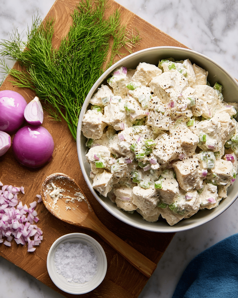 A close-up of a white bowl filled with creamy chicken salad, showing large white chicken pieces coated in a thick creamy mixture with small green celery bits and pink diced onions mixed in, all sprinkled lightly with black pepper. Beside the bowl, on a wooden cutting board, there are fresh bright green dill sprigs and chopped light purple onions, while a white bowl with coarse salt and a wooden spoon with some salad remnants sit on a white marbled surface. photo taken with an iphone --ar 4:5 --v 7