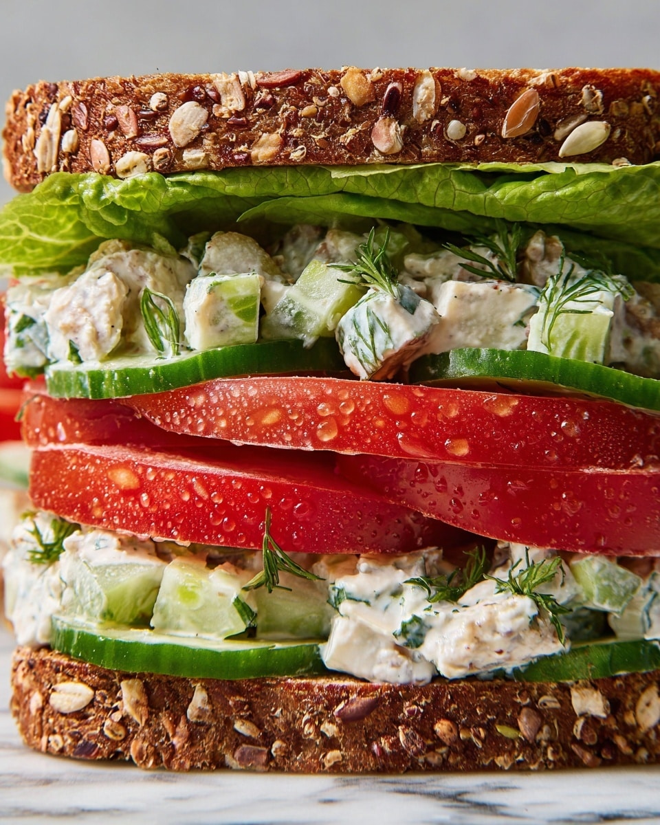 The image shows a close-up of a sandwich with two layers of deep brown multigrain bread sprinkled with grains and seeds. The bottom layer has a fresh green lettuce leaf, a thick slice of red tomato with water droplets, and a creamy white salad made of diced cucumbers and herbs. Above this, the top bread layer covers another thick slice of red tomato, followed by a generous portion of creamy white salad with cucumber chunks and green herbs, topped with a crisp green lettuce leaf. The textures range from crunchy bread crust to smooth creamy salad and fresh vegetables. The sandwich is set against a white marbled surface. photo taken with an iphone --ar 4:5 --v 7