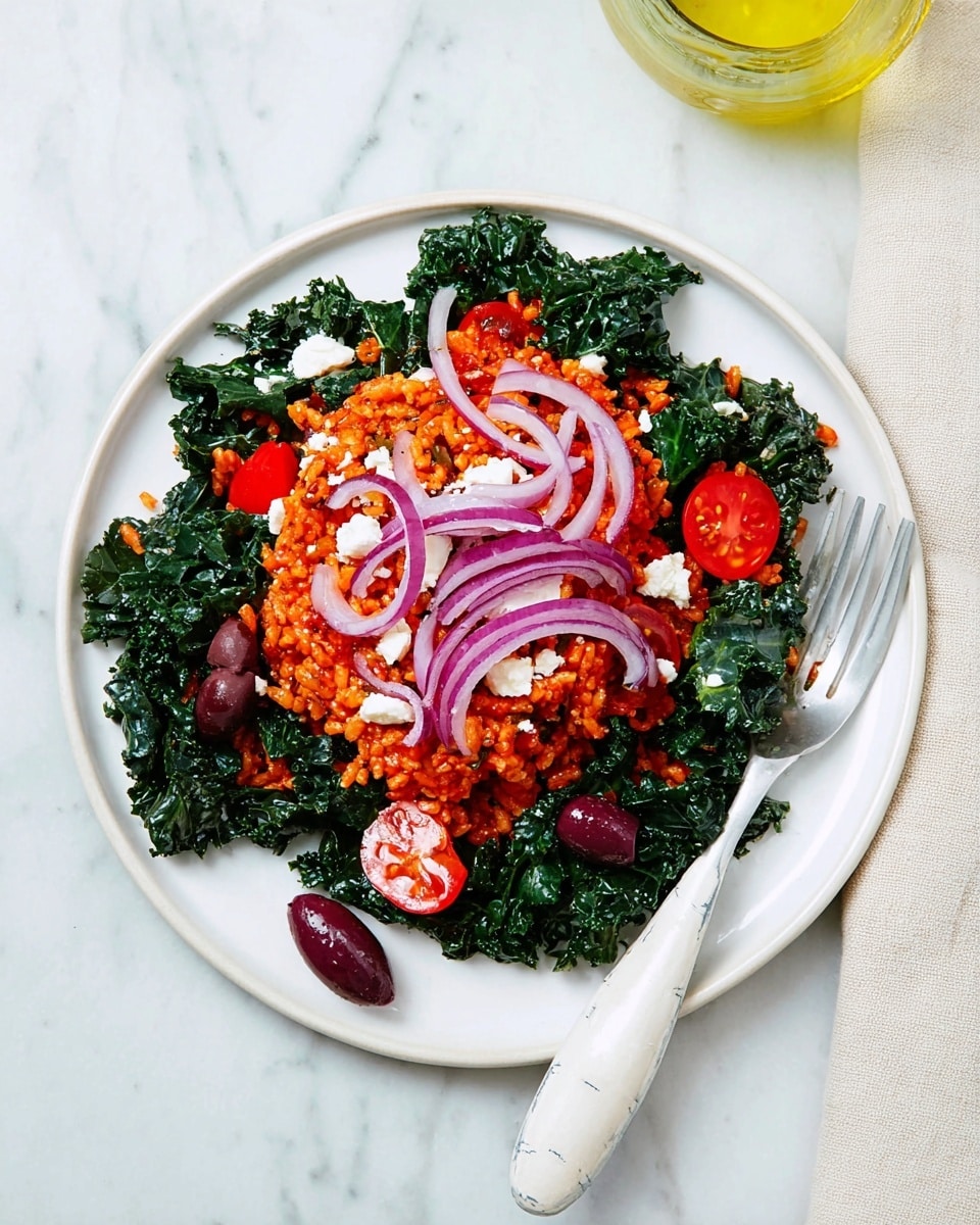 A white plate holds a colorful dish with three main layers, all on a white marbled surface. The bottom layer is dark green kale leaves, slightly wilted, covering the plate's edge. The middle layer is a mound of reddish-orange cooked rice spread in the center. On top, there are scattered slices of purple-red olives and thin, curved rings of light purple onion, alongside small chunks of white feta cheese. Bright red cherry tomatoes, some halved, sit on the outer edge mixing with the kale. A silver fork with a white handle rests on the plate near the bottom, holding a single olive. photo taken with an iphone --ar 4:5 --v 7