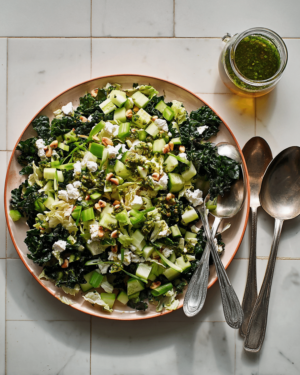 A large round plate holds a fresh salad with three visible layers: the bottom is made of dark green kale leaves mixed with lighter green cabbage leaves, the middle layer contains light green cucumber cubes and slices of scallion rings, and the top layer is scattered with white crumbled cheese and small toasted pine nuts. Over the salad, there are small dollops of green pesto sauce adding texture and color contrast. Next to the plate, there are three shiny silver salad servers resting on a white marbled surface, and a small clear glass jar with more green pesto sauce sits above the plate. photo taken with an iphone --ar 4:5 --v 7