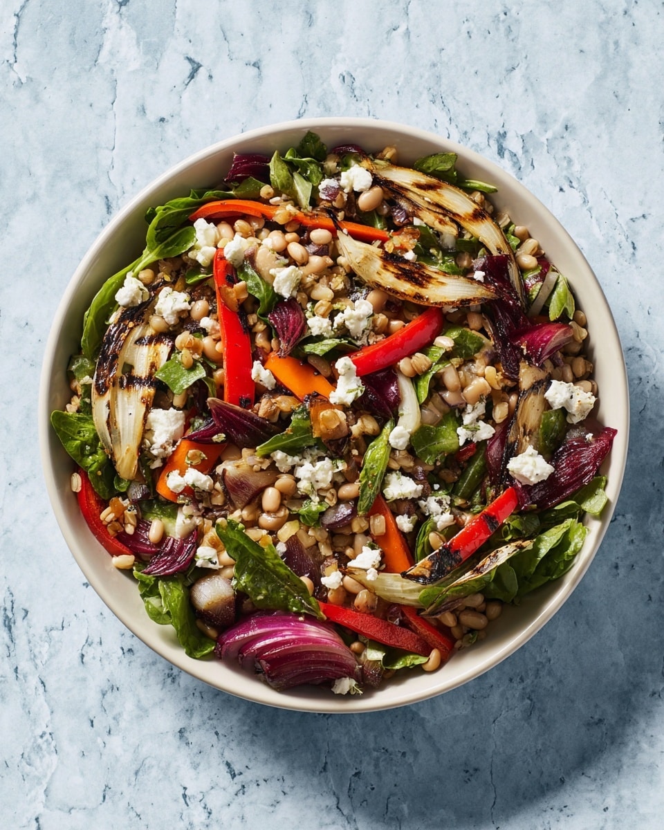 A white bowl filled with a colorful salad sits on a white marbled surface. The salad has many layers: the base is made of fresh green leaves and darker purple salad leaves, mixed with grilled slices of light brown and slightly charred onions. On top, there are pieces of bright orange carrot sticks and bright red bell pepper chunks. Scattered throughout the salad are white beans and small beige grains that add texture. Small crumbles of white cheese are sprinkled over the whole dish, adding contrast and creaminess. photo taken with an iphone --ar 4:5 --v 7