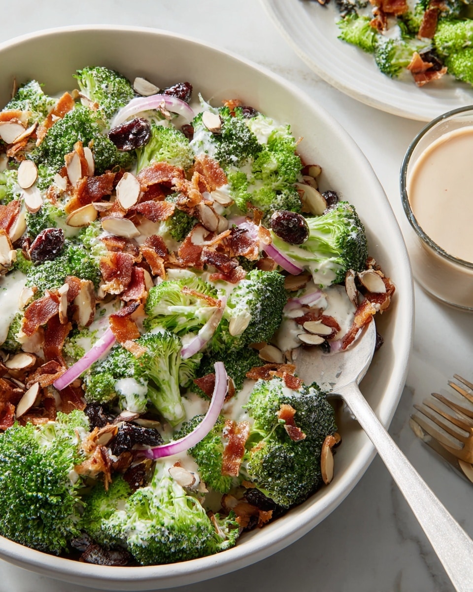 A close-up shot of a broccoli salad in a white bowl on a white marbled surface, showing many layers: bright green broccoli florets mixed with thin red onion slices, dark raisins, crispy brown bacon pieces, and light almond slices, all topped with a creamy white dressing drizzled unevenly across the salad; a silver spoon scoops some salad from the right side of the bowl, capturing the mixed textures and colors vividly, with a pale beige dressing in a glass placed nearby, and a partially visible white plate with more salad slightly out of focus in the background, photo taken with an iphone --ar 4:5 --v 7