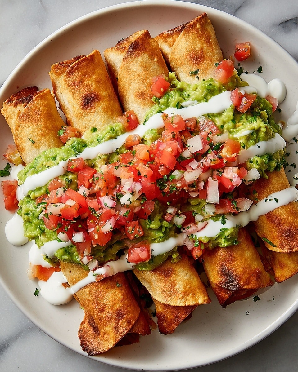 The image shows a white plate with seven golden-brown, crispy rolled tacos arranged closely together. On top of the tacos, there is a thick layer of bright green guacamole, followed by a generous sprinkling of finely chopped red tomatoes, white onions, and green herbs. Drizzled over the guacamole and salsa is a smooth, white sour cream sauce in thin lines. The plate sits on a white marbled surface. photo taken with an iphone --ar 4:5 --v 7
