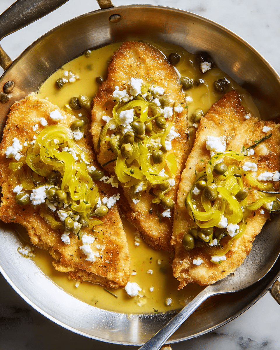 The image shows three pieces of golden-brown fried fish lying side by side in a silver pan filled with a light yellow sauce. On top of each fish piece, there are thin slices of bright yellow pickled peppers and small green capers, with white crumbles of soft cheese scattered across the surface. The sauce has a glossy texture and pools around the fish and toppings. The pan sits on a white marbled surface, and a metal spoon is partially visible in the bottom right corner, resting in the sauce. photo taken with an iphone --ar 4:5 --v 7