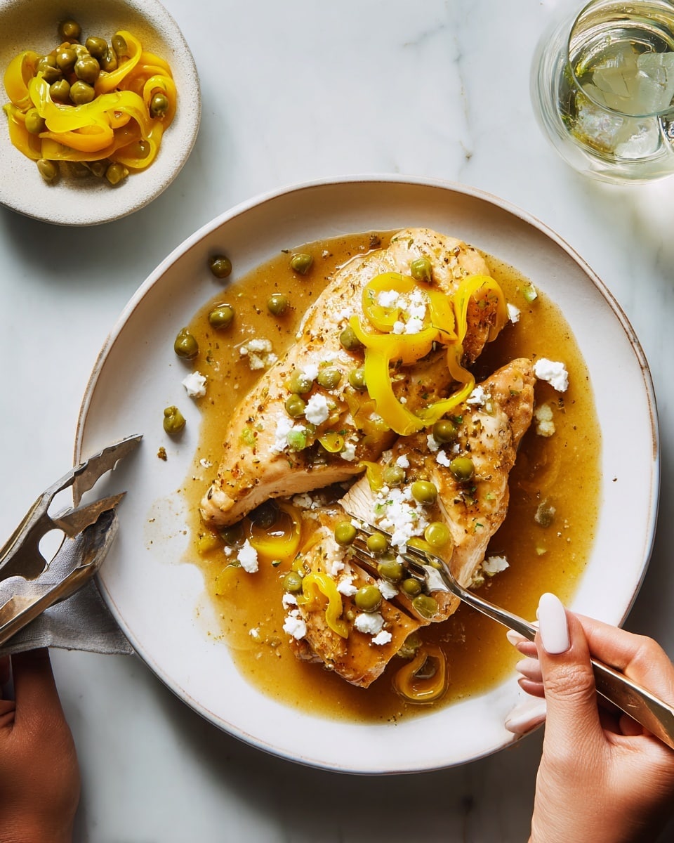 A white plate holds a golden-brown cooked chicken breast as the main layer, topped with bright yellow sliced peppers and small green capers scattered across the surface. Crumbled white cheese is sprinkled on top, adding texture, while a rich, light brown sauce covers the chicken and pools around it on the plate. A woman's hand with a fork is lifting a piece of the chicken, showing its moist and tender inside. Nearby, a small white bowl with more peppers and a glass container with a pair of tongs on a white marbled surface complete the scene. Photo taken with an iphone --ar 4:5 --v 7
