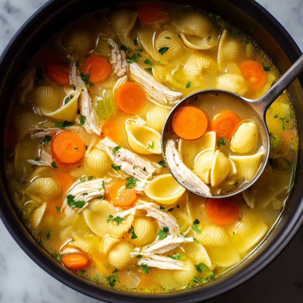A close-up view of light yellow chicken noodle soup is shown in a black pot on a white marbled texture. The soup has several layers: the top layer contains bright orange carrot slices, light green celery pieces, and shredded white chicken strips. The middle layer shows pale yellow shell-shaped pasta floating in clear golden broth with small green herbs sprinkled throughout. A silver ladle scoops some pasta and broth from the lower right corner of the pot. The overall look is fresh and simple with soft, warm colors. photo taken with an iphone --ar 4:5 --v 7