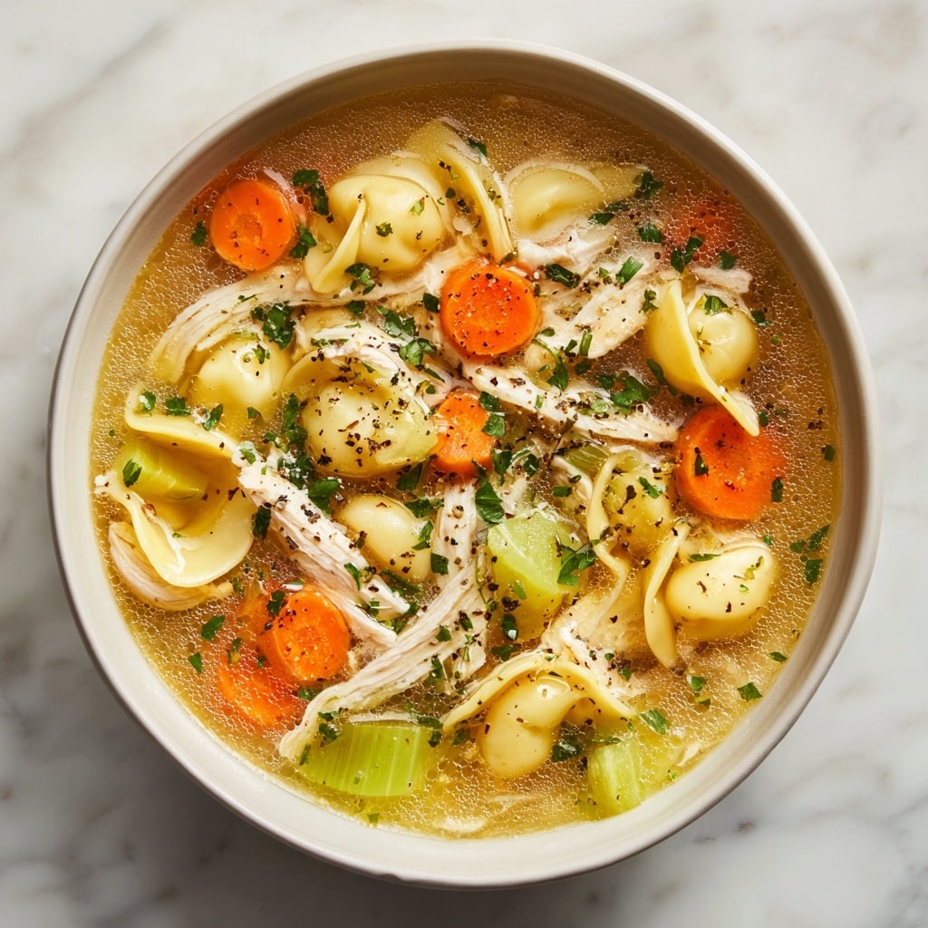 This image shows a close-up of chicken noodle soup with one clear broth layer that is golden and slightly oily. Floating in the broth are several pieces of pale yellow shell pasta and thin, white shredded chicken strips. There are light green slices of celery and soft orange carrot rounds scattered throughout. The soup is sprinkled with small green chopped herbs and tiny specks of black pepper all over, creating a fresh and colorful look. The background surface is a white marbled texture. photo taken with an iphone --ar 4:5 --v 7