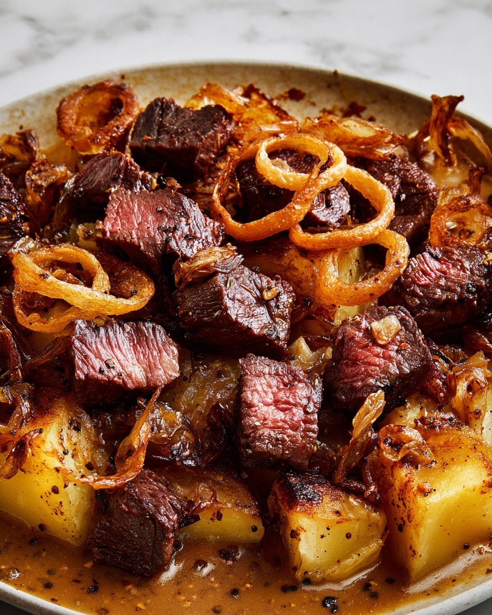 The image shows a close-up of a dish with several layers. The base layer is light yellow potato slices, soft in texture and partly visible under the other ingredients. Above this, there are many chunks of juicy medium-rare steak, with a dark brown cooked outer layer and a pink inside, cut into irregular cube pieces. Scattered on top are thin, crisp, golden-brown fried onion rings, adding a crunchy texture and a spiral shape that twists over the steak and potatoes. The whole dish is covered in a glossy, light brown sauce with visible black pepper specks, giving the food a rich, savory look. The dish is placed on a white plate on a white marbled textured surface. photo taken with an iphone --ar 4:5 --v 7
