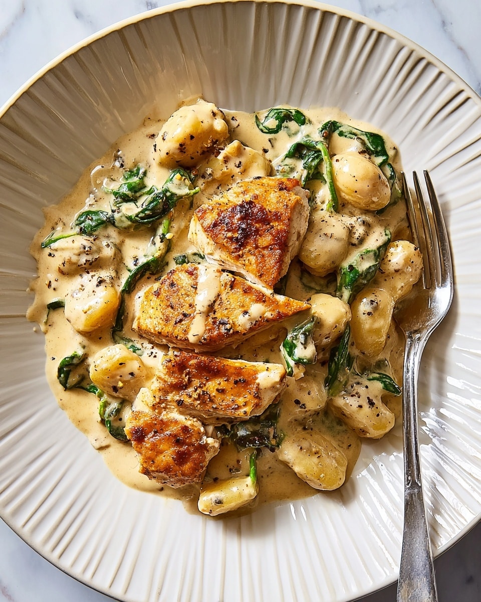 The dish shows thick, browned pieces of chicken layered on top of small, creamy gnocchi covered in a smooth, pale beige sauce with fresh green spinach leaves mixed in. The sauce has a rich texture with specks of ground black pepper sprinkled on top. All of this is placed on a white plate with ridged lines spreading out from the center, and a silver fork rests on the right side of the plate. The background is a white marbled surface. photo taken with an iphone --ar 4:5 --v 7