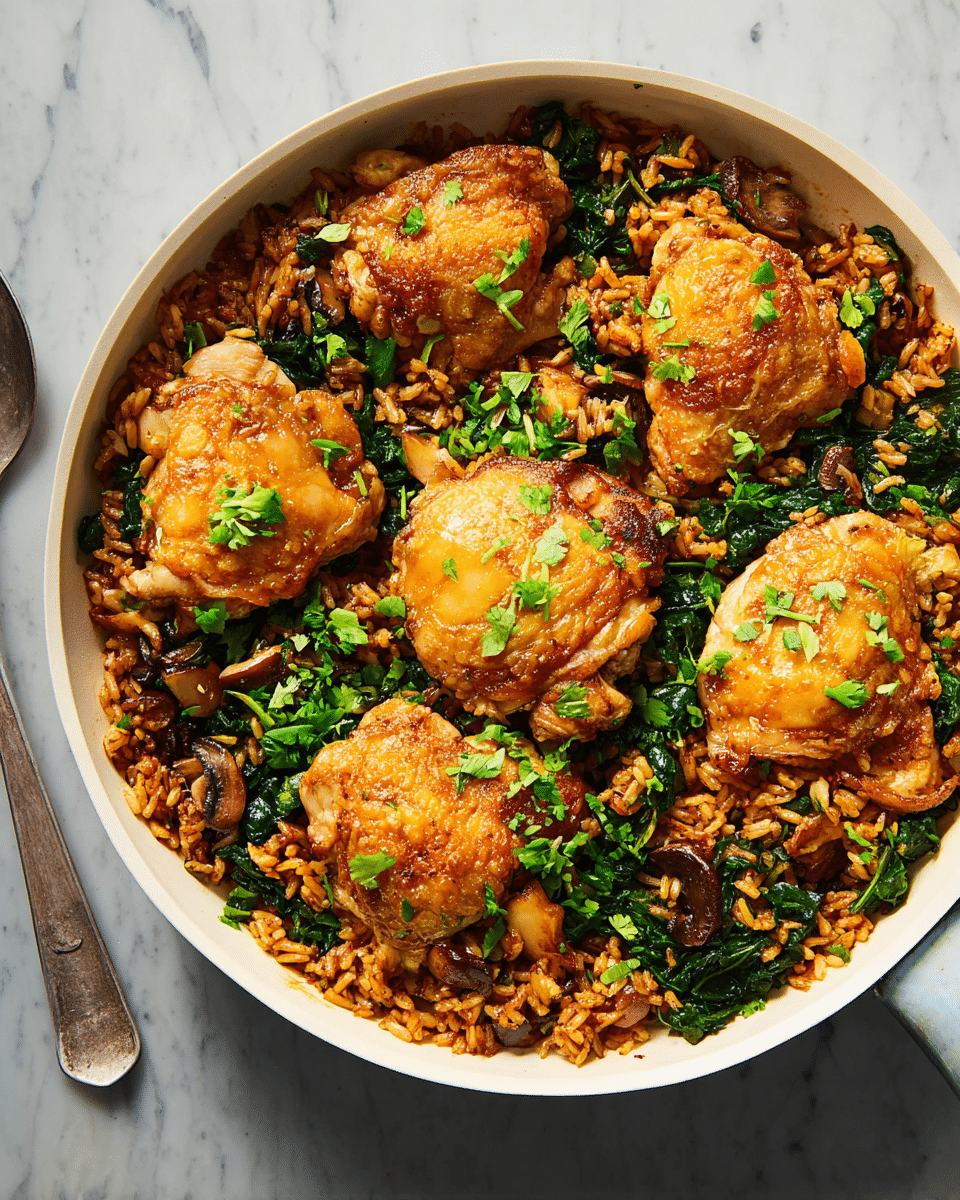 A white pan filled with cooked reddish-brown rice mixed with dark green leafy vegetables and small pieces of mushrooms, topped with several thick, golden-brown fried chicken thighs that have a crispy texture, all sprinkled with small bright green chopped herbs, set against a white marbled surface. photo taken with an iphone --ar 4:5 --v 7