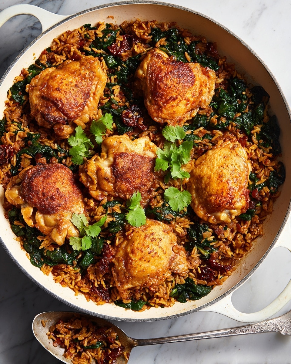 A large white pan holds a dish with five browned chicken thighs on top, each with a crispy golden-brown texture. Underneath and around the chicken is a layer of cooked rice mixed with dark green leafy spinach and small pieces of dried red chili, giving the rice a reddish-brown color with bits of green and red scattered throughout. Small fresh cilantro leaves are sprinkled on top, adding a touch of bright green contrast. The pan sits on a white marbled surface, and a silver spoon with more rice rests near the pan. photo taken with an iphone --ar 4:5 --v 7