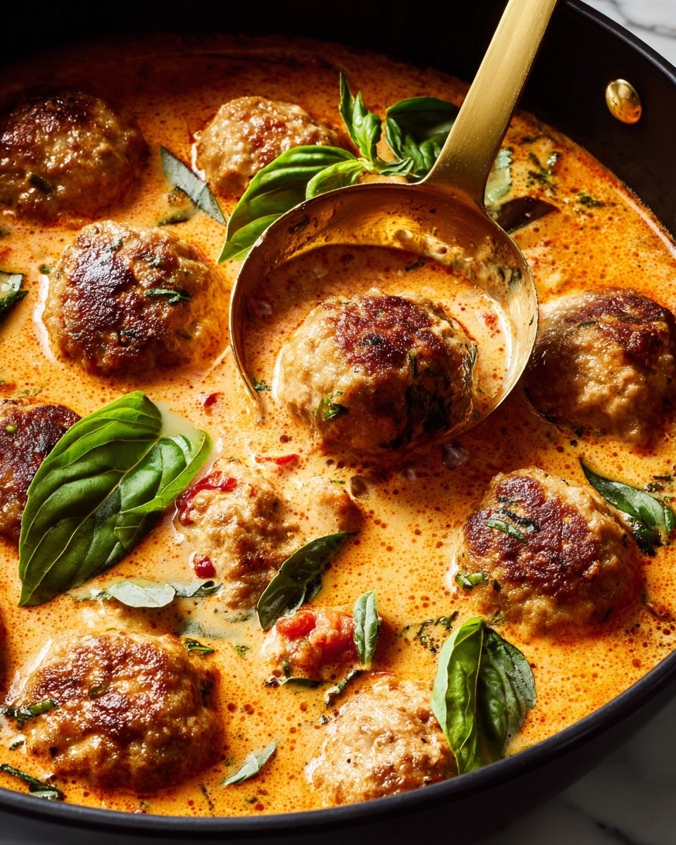 The image shows a close-up of a creamy orange sauce with several browned meatballs submerged in it, arranged evenly across the dish. The sauce has a slightly oily texture with small bits of herbs and spices spread throughout. Bright green basil leaves are scattered on top, adding contrast in color. A shiny golden ladle is seen dipping into the sauce, lifting some meatballs gently. The background is a white marbled texture. photo taken with an iphone --ar 4:5 --v 7