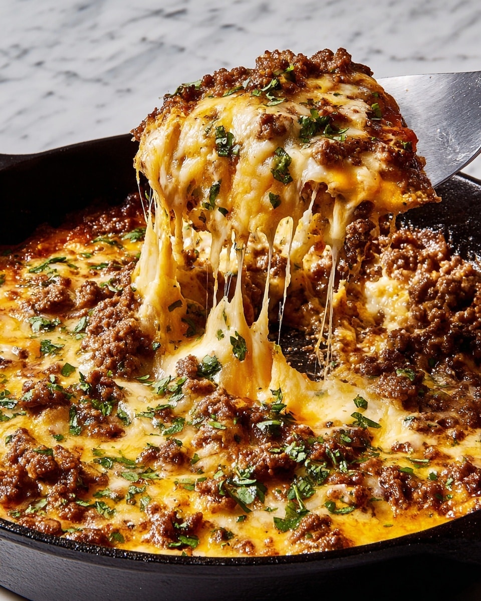 A close-up of a single-layer skillet dish featuring a thick, golden layer of melted cheese mixed with browned ground meat scattered evenly on top. The cheese is stretchy and gooey as a silver spatula lifts a generous portion away, showing long, shiny strands connecting it to the remaining mixture. Fresh green herb leaves, roughly chopped, are sprinkled over the top to add color contrast. The black cast iron skillet holding the dish is set on a white marbled surface. photo taken with an iphone --ar 4:5 --v 7