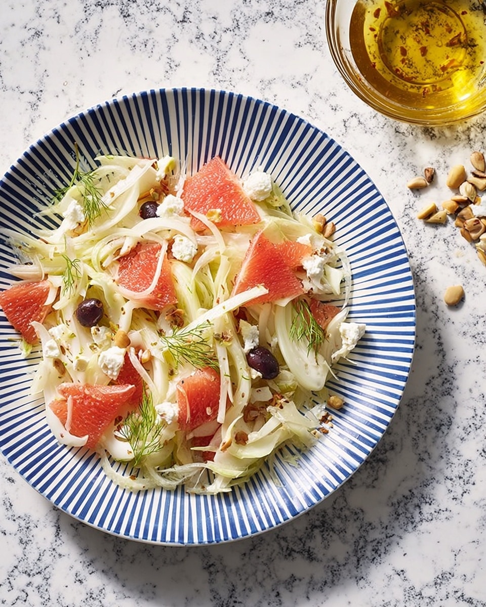 The dish shows a white plate with blue stripes filled with a fresh salad. The salad has thin, pale green and white slices of fennel spread all over. Scattered among the fennel are bright pink grapefruit segments, deep purple olive slices, small white crumbles of goat cheese, and some golden-brown pine nuts. Small green fennel fronds are placed on top for decoration. The plate sits on a white marbled surface, and there is a clear glass bowl with golden dressing to the upper right with a few pine nuts around. photo taken with an iphone --ar 4:5 --v 7