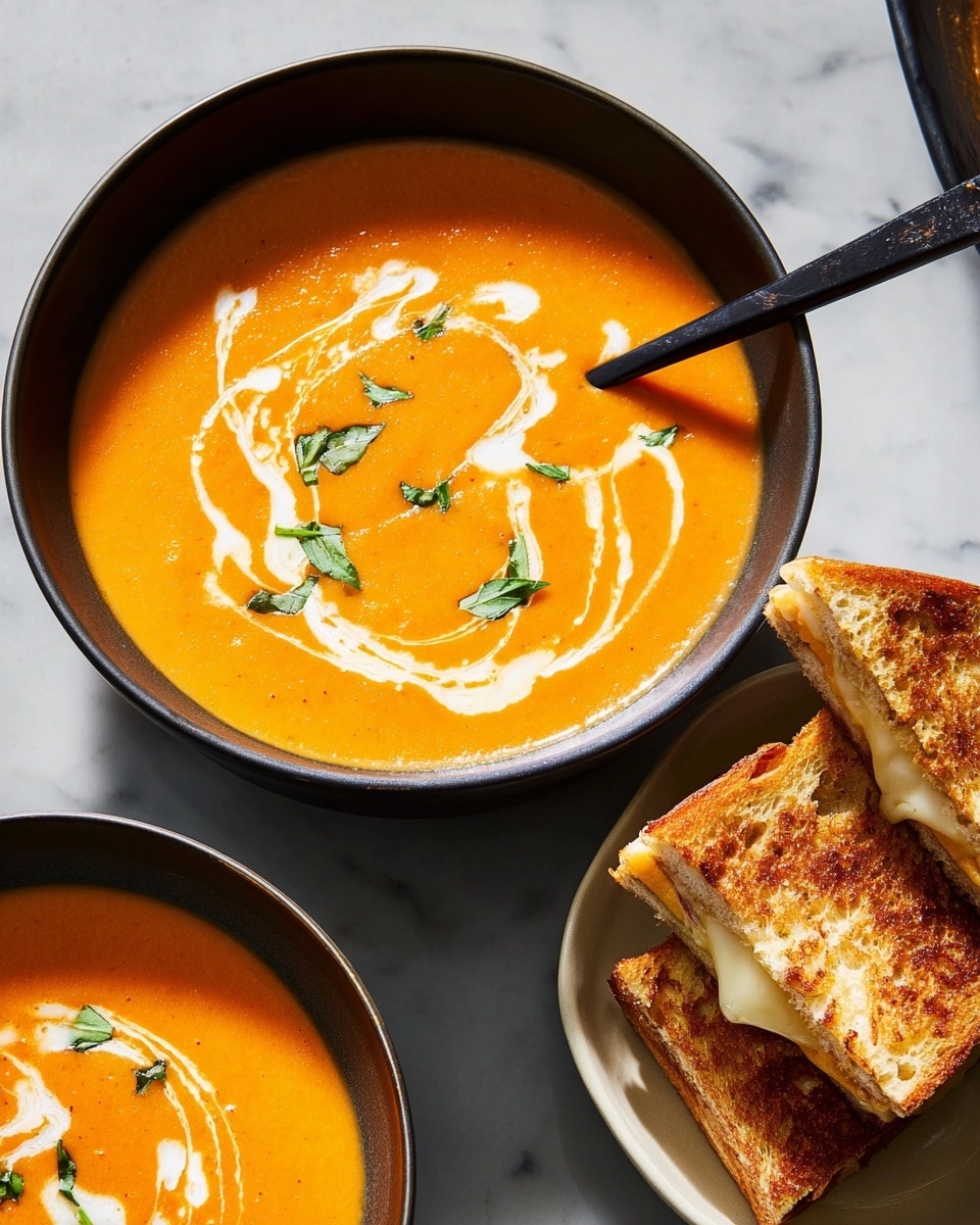 The image shows a bowl of bright orange creamy soup with swirls of white cream on top, sprinkled with small green basil leaves. The soup is smooth and thick, filling a dark bowl. To the right, a white bowl holds sections of grilled cheese sandwiches with golden brown crispy crusts and melted white cheese stretching from one piece. A dark spoon is dipped in the soup, resting on the bowl’s edge. All items are on a white marbled surface. photo taken with an iphone --ar 4:5 --v 7
