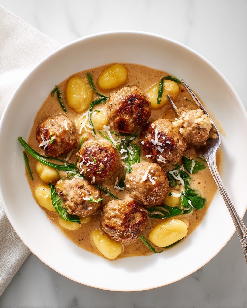 A white bowl filled with a creamy sauce base that has a light brown color with visible herbs. On top, there are five brown, browned meatballs placed evenly across the dish. Around and under the meatballs, soft golden-yellow gnocchi is partially covered by the sauce. Some green spinach leaves are mixed throughout the sauce and gnocchi, adding pops of color. A fork is stuck into one meatball, revealing its juicy, tender inside. Small white shreds of cheese are sprinkled on top. The bowl sits on a white marbled texture surface. Photo taken with an iphone --ar 4:5 --v 7