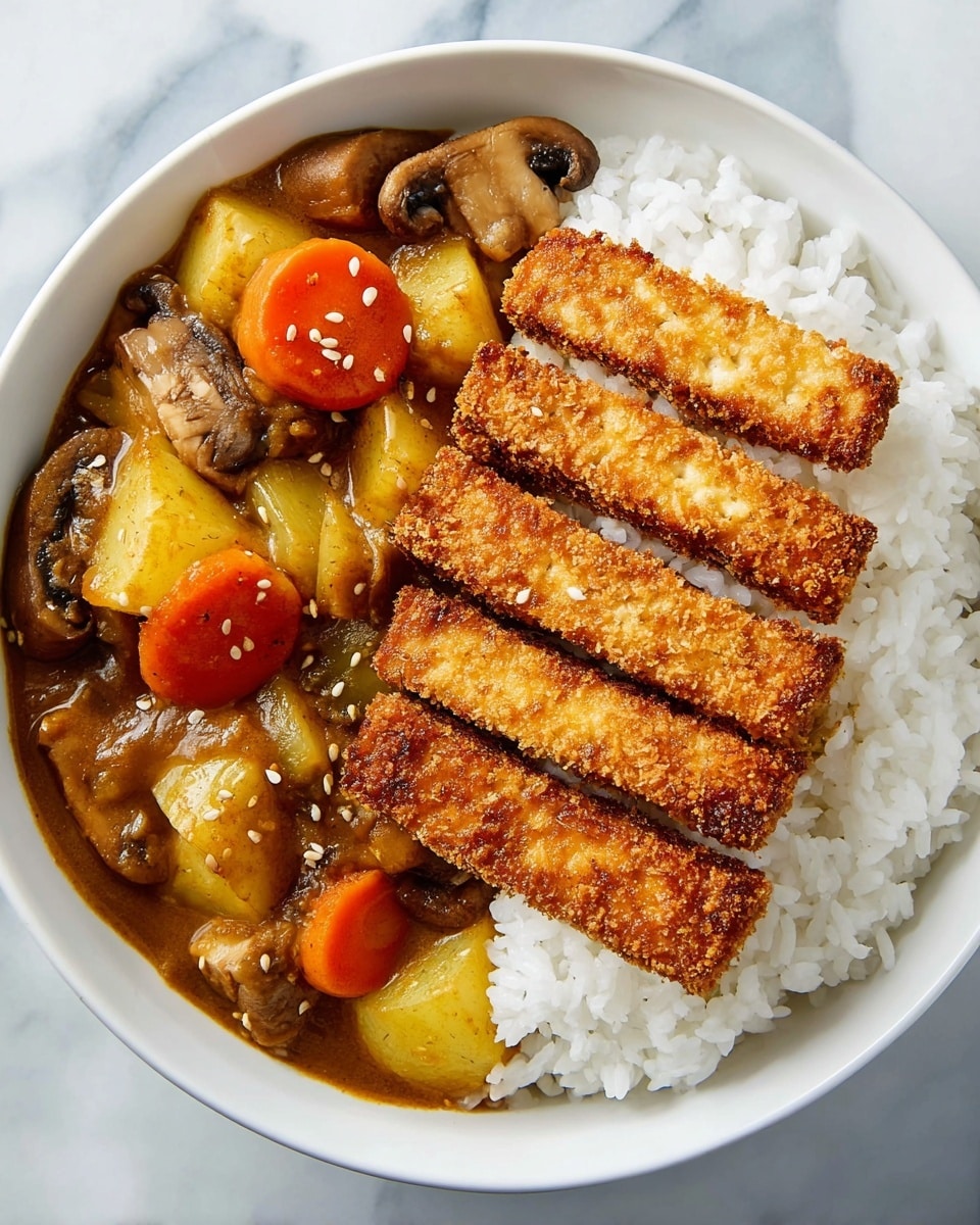 A white bowl filled with a layer of fluffy white rice on the bottom right side, topped with five evenly sliced strips of golden brown, crispy breaded tofu with visible sesame seeds on top. On the left side of the bowl is a thick vegetable curry with rich brown sauce, containing chunks of orange carrots, light brown mushrooms, and yellow potatoes. The dish is served on a white marbled surface. photo taken with an iphone --ar 4:5 --v 7