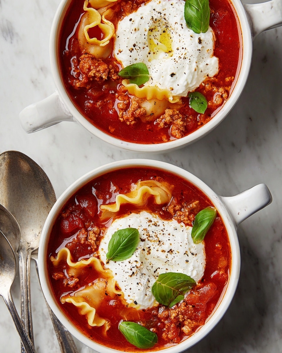 Two white bowls with handles contain a tomato-based soup. The soup has visible chunks of meat and diced vegetables, with a deep red color. In each bowl, there is one curly-edged pasta piece partly submerged in the soup. On top of the soup is a large dollop of white ricotta cheese, sprinkled with black pepper and a drizzle of olive oil. Fresh green basil leaves are scattered on the soup, adding a pop of color. The bowls are placed on a white marbled surface with two silver spoons nearby. photo taken with an iphone --ar 4:5 --v 7