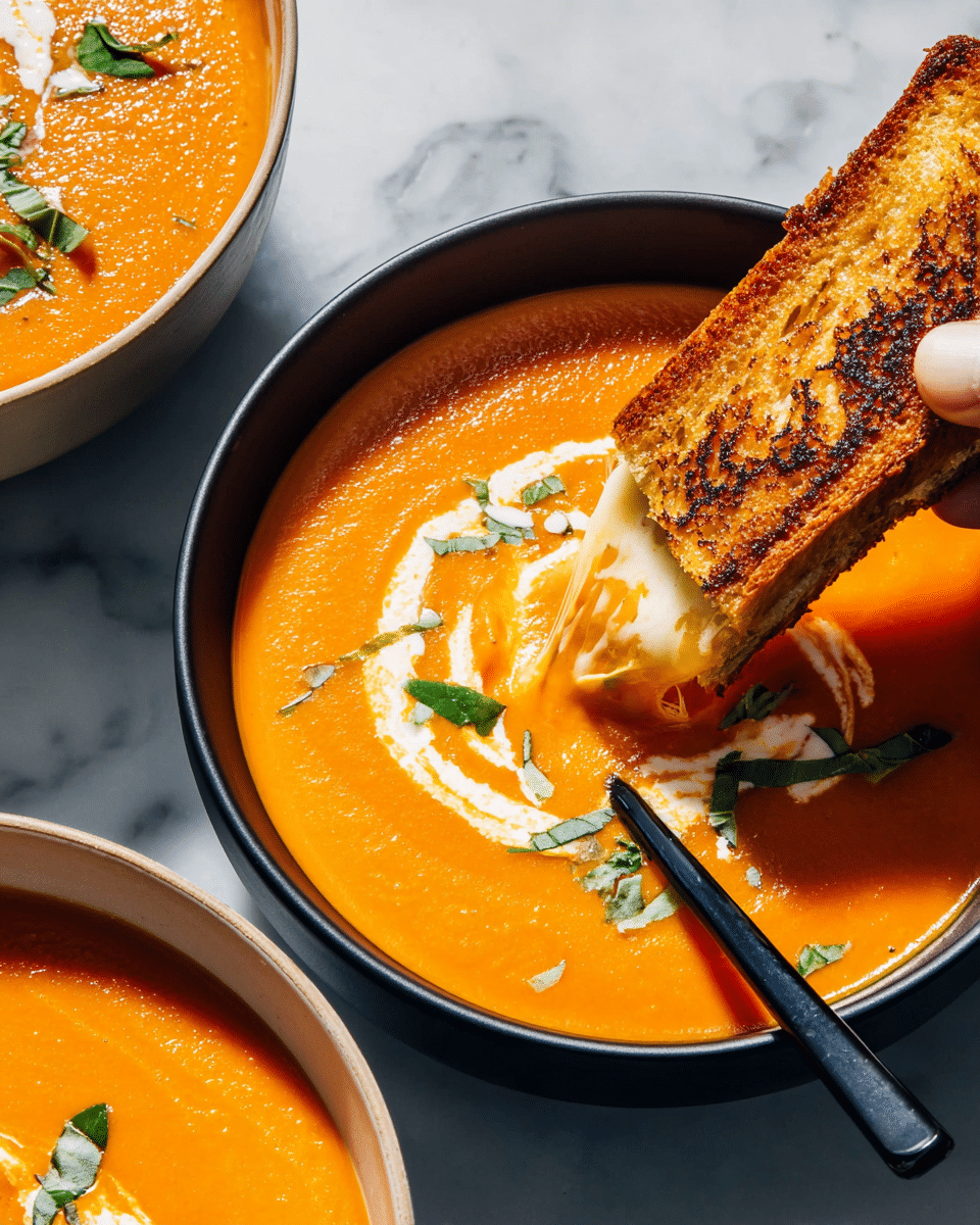 The image shows a close-up of a dark bowl filled with smooth, bright orange tomato soup, topped with a swirl of white cream and small pieces of green basil scattered on top. A black spoon rests inside the bowl near the right edge, slightly dipping into the soup. A woman's hand with peach-colored nails holds a crispy, golden-brown grilled cheese sandwich, half-dipped into the soup, showing melted cheese oozing from the sandwich end. The background features white bowls with more orange soup on a white marbled surface. photo taken with an iphone --ar 4:5 --v 7