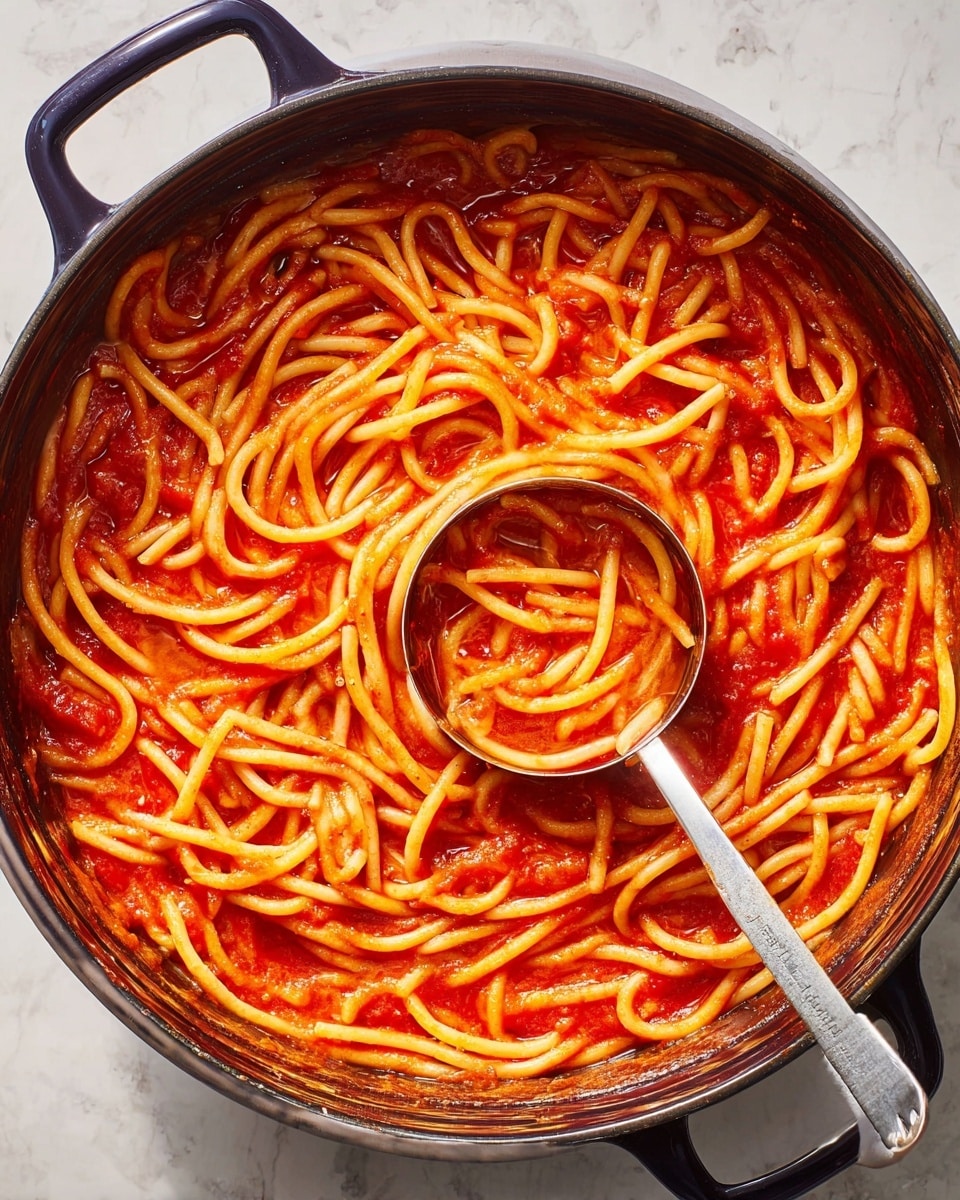 A large black pot filled with a single layer of thick spaghetti noodles covered fully in bright red tomato sauce. The noodles are long and slightly curved, sitting in the sauce which has a shiny, smooth texture. A metal ladle is scooping out some of the noodles and sauce near the center bottom of the pot. The pot is placed on a white marbled textured surface. photo taken with an iphone --ar 4:5 --v 7