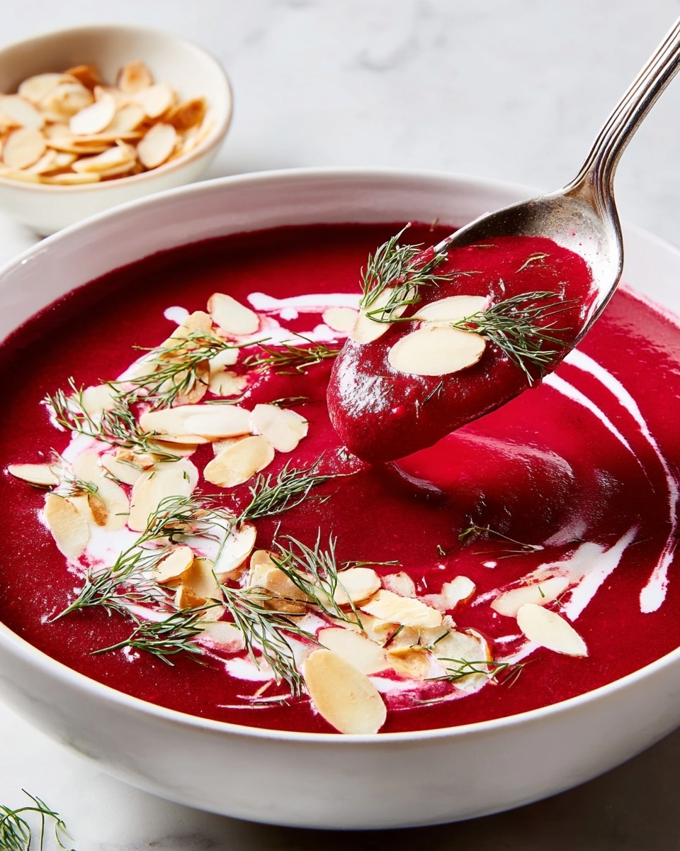 A white bowl is filled with thick, deep red beet soup as the base layer, with a smooth texture. On top, there are thin white cream lines drizzled in a swirl pattern across the surface. Scattered over the soup are light beige toasted almond slices and small sprigs of fresh green dill, adding texture and color contrast. A silver spoon scoops a portion of the soup, showing the creamy red layer with white cream streaks and dill on top. In the background, a white bowl holds more toasted almond slices, all placed on a white marbled surface. photo taken with an iphone --ar 4:5 --v 7