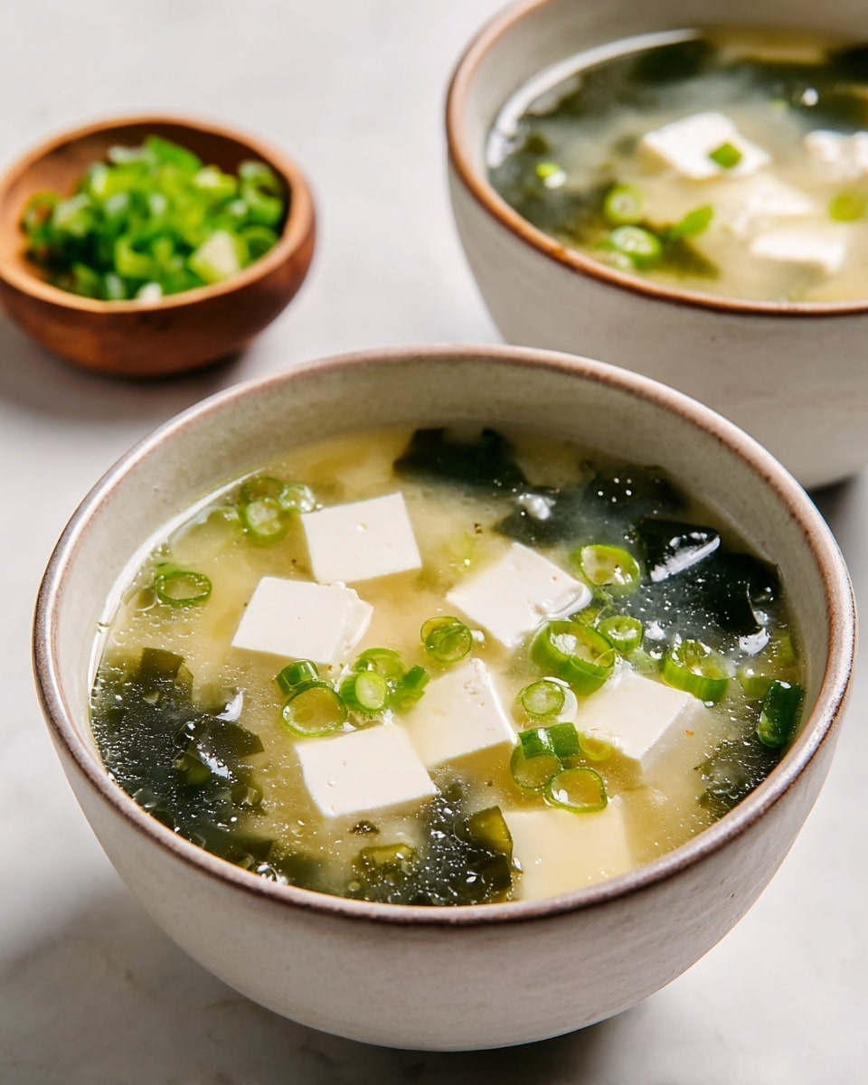 A close-up view of a white bowl filled with clear miso soup showing three main layers: the light yellowish broth at the bottom, soft white tofu cubes floating in the middle, and small chopped green onions scattered on top, with some dark green seaweed pieces mixed throughout. The soup surface has a slightly cloudy texture from the miso paste. Another bowl identical in style is blurred in the background on a white marbled surface, along with a small wooden bowl filled with more green onions that appear bright and fresh. photo taken with an iphone --ar 4:5 --v 7