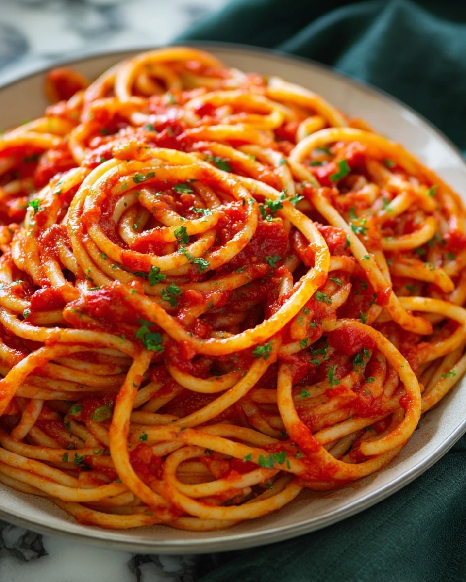 A close-up of a white plate filled with thick, round pasta noodles coated evenly in bright red tomato sauce, scattered with small bits of tomato and sprinkled with finely chopped green herbs on top. The plate is placed on a dark green fabric with a white marbled background visible in the corner. The pasta strands are twisted and layered loosely, showing a glossy texture on the sauce and noodles. photo taken with an iphone --ar 4:5 --v 7