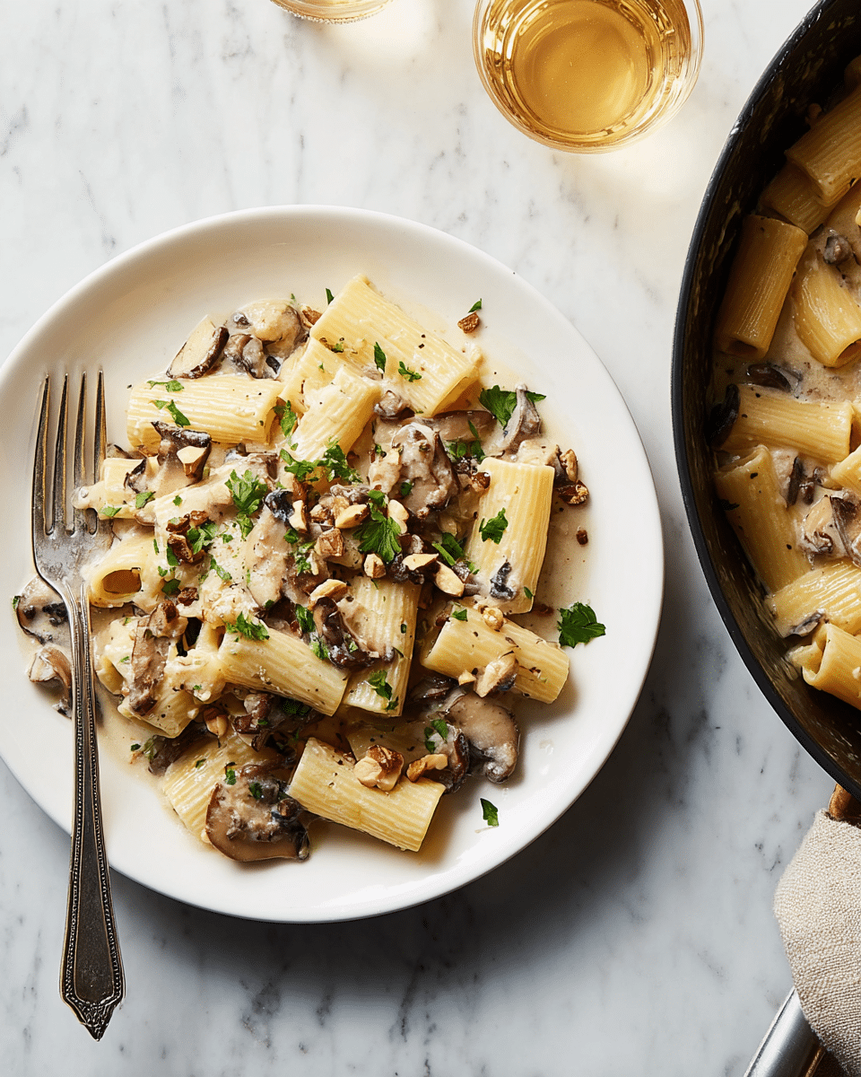 A white plate contains a serving of rigatoni pasta mixed with creamy mushroom sauce. The pasta is pale yellow and smooth with ridges on the outer surface. The creamy sauce is light beige and coats the pasta evenly. Small brown mushrooms are scattered throughout, some sliced and some whole, adding texture. The dish is garnished with small green parsley pieces and bits of toasted nuts. A silver fork rests on the left side of the plate. The background is a white marbled texture, and a black pan with more pasta sits on the right side. A glass of light golden liquid is partially visible at the top right. photo taken with an iphone --ar 4:5 --v 7