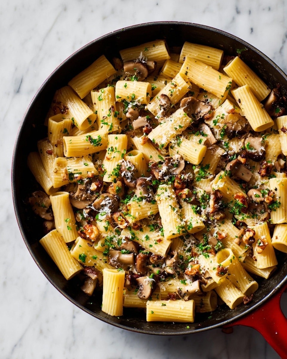 The image shows a close-up of a black pan filled with pasta rigatoni that is cooked pasta yellow in color, mixed with small pieces of cooked mushrooms that are light brown and chopped nuts that are dark brown. The pasta is scattered with green chopped parsley and some shredded white cheese on top. The pan is placed on a white marbled surface. photo taken with an iphone --ar 4:5 --v 7