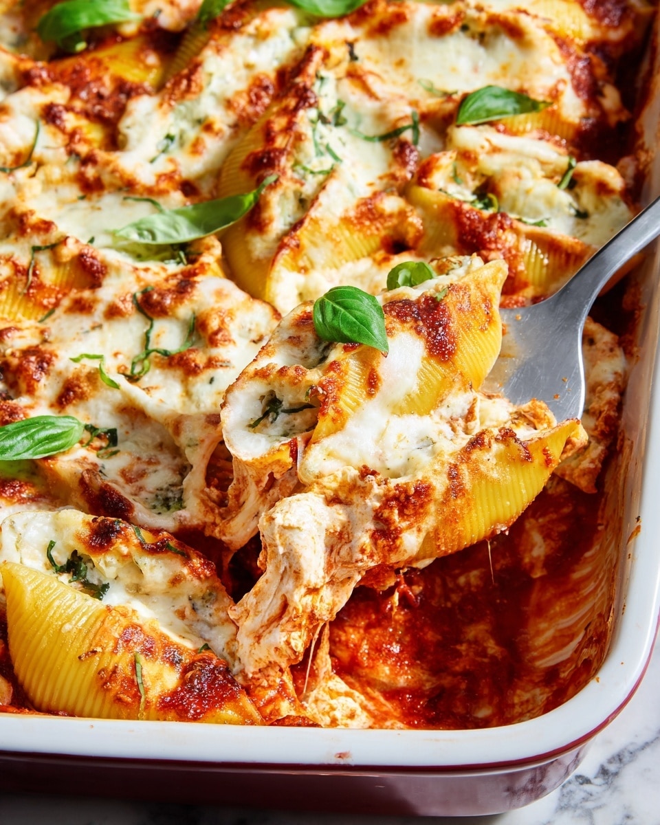 A white rectangular baking dish holds layered stuffed pasta shells covered in melted white cheese and red tomato sauce, with fresh green basil leaves scattered on top. The shells are filled with a creamy white mixture and arranged in a single layer, showing slightly browned cheese spots. A spoon lifts a serving, showing layers of gooey cheese stretched over bright red sauce and pasta with a slightly rough texture. The background is a white marbled texture. Photo taken with an iphone --ar 4:5 --v 7