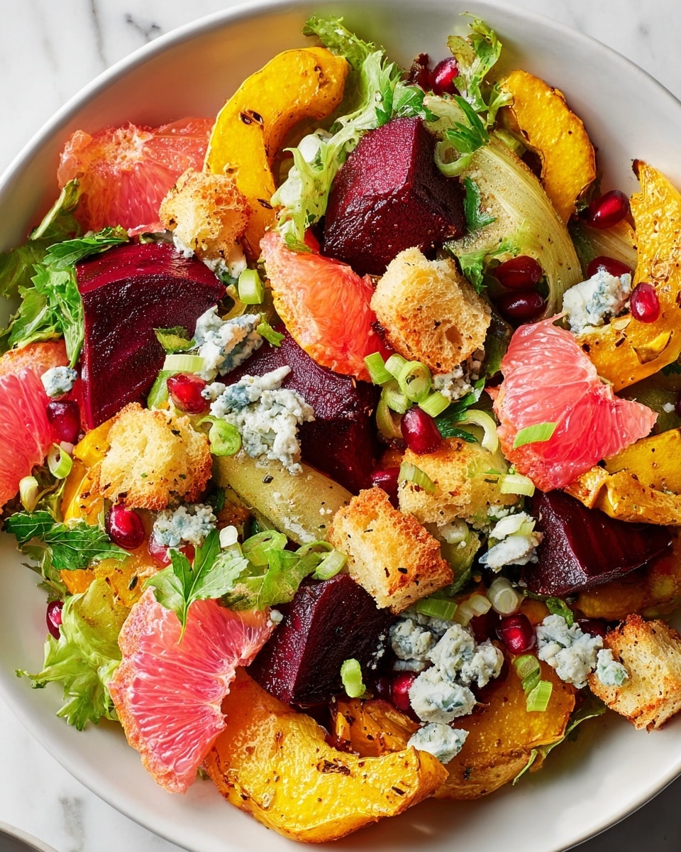 The image shows a salad in a white bowl, filled with several colorful layers. The base layer has roasted golden-yellow squash slices with a slightly charred texture, and deep red beet cubes with a smooth, glossy surface. On top, there are bright pink grapefruit segments that look juicy and fresh. Scattered among the fruits and vegetables are crunchy golden brown croutons, adding texture. Small dollops of white-blue cheese with blue veins are spread throughout. Green parsley leaves and thinly sliced green onions add fresh pops of color, and there are also tiny, shiny red pomegranate seeds sprinkled over everything. The salad looks fresh, vibrant, and well mixed on a white marbled surface. photo taken with an iphone --ar 4:5 --v 7