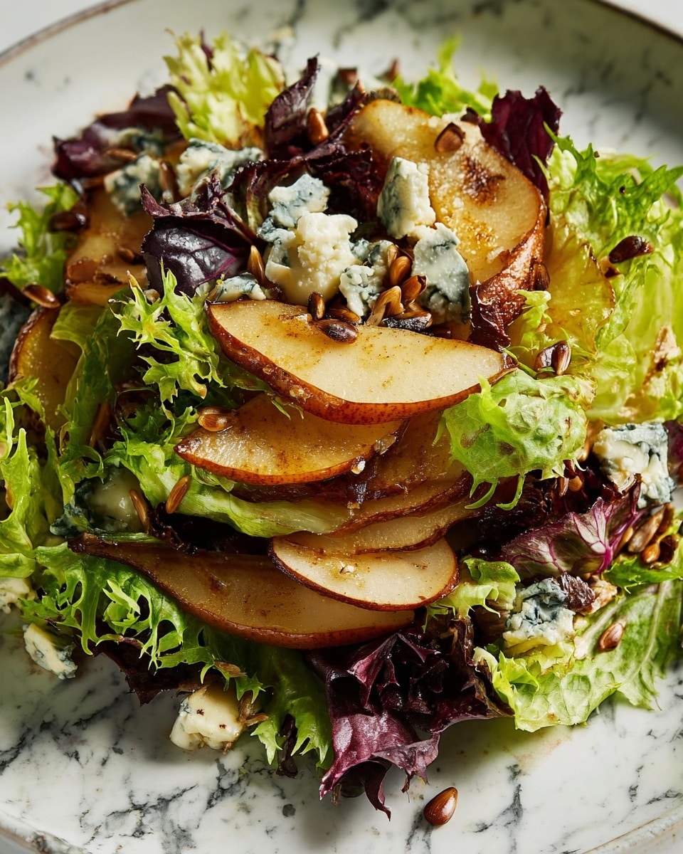 The image shows a fresh salad with about four layers, starting with a base of mixed green and purple leafy lettuce that are both soft and frilly. On top, there are golden brown roasted pear slices with a slightly glossy texture and charred edges. Scattered throughout are small chunks of white and blue-veined cheese that add a creamy, crumbly texture. The salad is sprinkled with toasted sunflower seeds, which add a shiny, crunchy look. All these layers are laid out on a white plate with a white marbled surface background. photo taken with an iphone --ar 4:5 --v 7