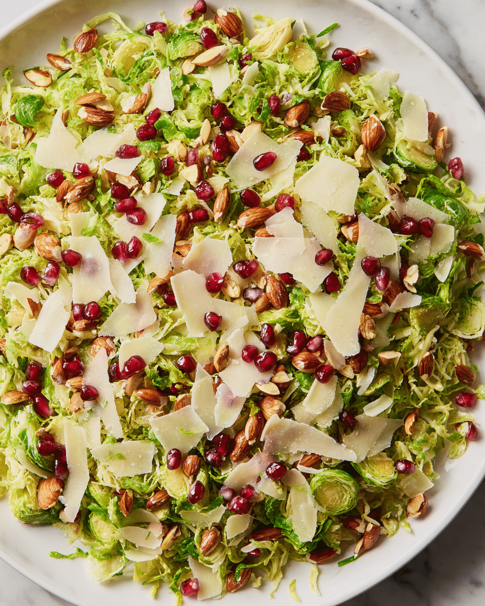 A white plate holds a fresh salad with three main layers: the base layer is finely shredded bright green Brussels sprouts, topped with scattered deep red pomegranate seeds that add small bursts of color. Mixed evenly through the salad are chunky pieces of roasted almonds, their brown skin and golden interior visible. The top layer consists of thin, irregular slices of pale ivory Parmesan cheese spread lightly over the other ingredients. The salad is set on a white marbled surface. photo taken with an iphone --ar 4:5 --v 7