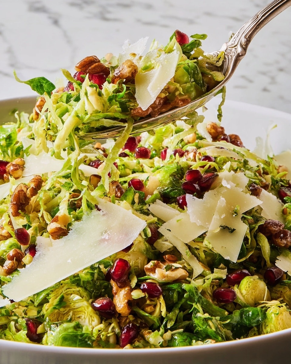 A close-up of a fresh salad with three main layers: the base layer is thinly sliced bright green Brussels sprouts, mixed with some darker leafy green pieces; scattered throughout are small deep red pomegranate seeds adding pops of color; on top of these are toasted brown nuts providing texture; finally, large thin, off-white cheese shavings are spread across the salad. A silver fork lifts a portion from the white bowl, which sits on a white marbled surface. Photo taken with an iphone --ar 4:5 --v 7