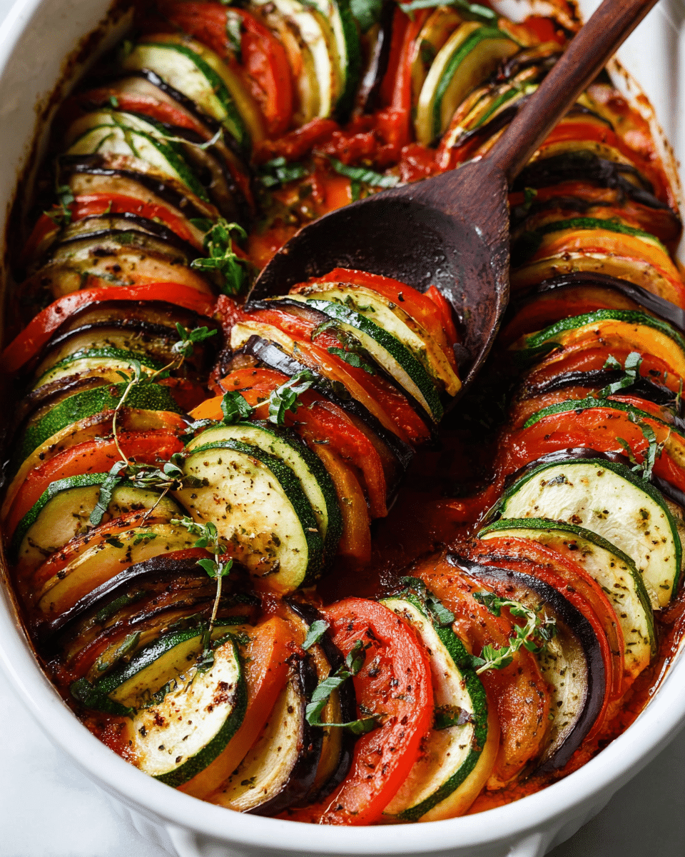 A white oval dish filled with a colorful ratatouille arranged in rows, each row made of thick slices of three vegetables: deep purple eggplant, red tomato, and green zucchini. The slices are layered side by side vertically, creating colorful stripes all around the dish. The edges of the dish show a slight browning from baking. Fresh small green basil and thyme leaves are scattered on top, adding a fresh touch. The dish sits on a white marbled surface with some scattered herb leaves nearby. Photo taken with an iphone --ar 4:5 --v 7