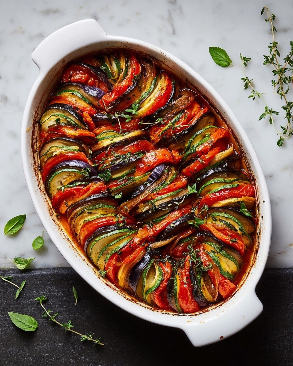 The dish shows a white oval baking dish filled with neatly arranged layers of sliced vegetables stacked vertically. Each stack has multiple layers including green zucchini, dark purple eggplant, and red tomato slices, all with a soft cooked texture and slight browning on edges. The vegetables are sprinkled with green fresh basil and thyme leaves, adding a fresh touch. A dark wooden spoon rests in the dish, lifting a portion that reveals the colorful layers and some cooked tomato sauce at the bottom. The dish sits on a white marbled surface. photo taken with an iphone --ar 4:5 --v 7