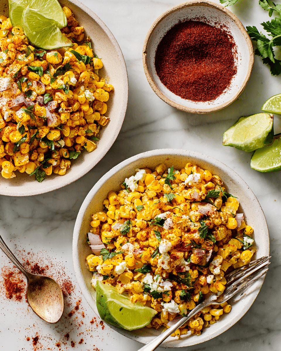 Two white bowls on a white marbled surface filled with a bright yellow corn salad that has visible chopped green herbs, small onion slices, and crumbled white cheese mixed throughout. Each bowl is garnished with a lime wedge, and the top bowl has a sprinkling of red chili powder. A white bowl of deep red chili powder is placed nearby with some of the powder spilled on the surface next to a lime wedge. A silver fork is resting in the bottom bowl, partially buried in the corn salad. Photo taken with an iphone --ar 4:5 --v 7