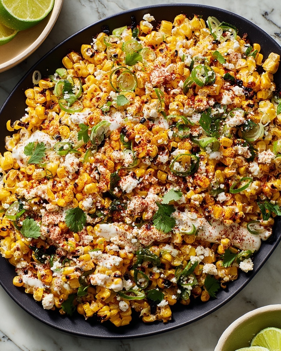 A close-up view of a black plate filled with a colorful corn salad, showing multiple layers including bright yellow corn kernels with char marks, light green sliced scallions, bits of crumbled white cheese, and fresh dark green cilantro leaves evenly mixed throughout. The salad is drizzled with a creamy white sauce and sprinkled with reddish-brown chili powder, creating a lively contrast of colors and textures. The background features a white marbled texture surface, and part of a white bowl with lime wedges is visible on the side. Photo taken with an iphone --ar 4:5 --v 7