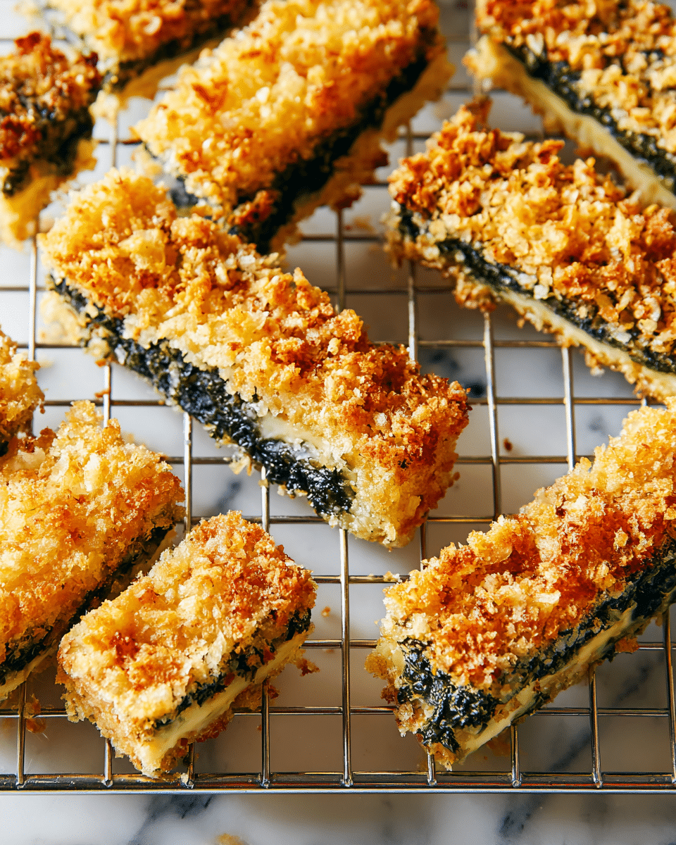 The image shows several rectangular pieces of food with three main visible layers. The bottom layer is dark green with a slightly rough texture, likely seaweed. The middle layer is light yellow and smooth, possibly tofu or cheese. The top layer is golden-brown, crispy, and crumbly, covered with toasted breadcrumbs. The pieces are arranged randomly on a metal cooling rack set on a white marbled surface. The overall look is crunchy and well-baked with a mix of dark green, light yellow, and crispy gold colors. photo taken with an iphone --ar 4:5 --v 7