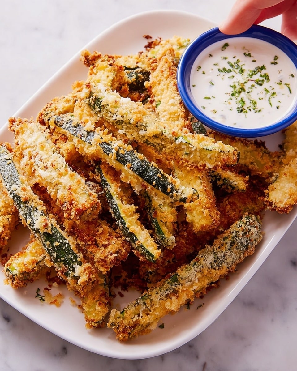 A white rectangular plate is filled with crispy golden-brown zucchini fries, each piece coated in a rough, textured breading with visible green zucchini skin strips showing beneath. The fries are piled in layers, overlapping naturally across the plate. On the top right corner of the plate, there is a white bowl with a blue rim, filled with a creamy white dipping sauce sprinkled with small green herb pieces. A woman's hand is reaching toward the top right edge of the plate. The plate sits on a white marbled surface. Photo taken with an iphone --ar 4:5 --v 7