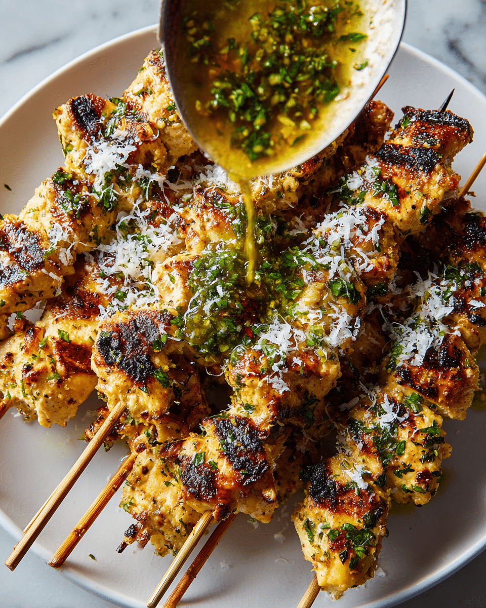 Two wooden skewers hold grilled chicken pieces arranged on a white plate with a thin brown rim. Each skewer has about five to six chunks of golden-brown chicken with crispy, slightly blackened grill marks. The chicken is topped with fresh green herbs, small white shreds that look like cheese, and a light drizzle of yellow oil with small red chili flakes. The plate sits on a white marbled surface. photo taken with an iphone --ar 4:5 --v 7