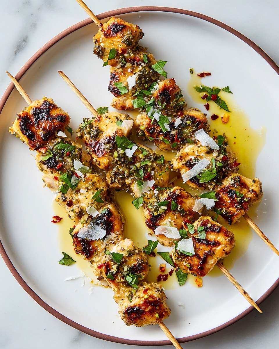 The image shows several grilled chicken skewers on a white plate, each skewer holding five to six golden-brown chicken pieces with charred grill marks. The chicken pieces have a crispy texture with a coating that looks crunchy. Fresh chopped green herbs are sprinkled over the chicken, adding bright green spots. Shredded white cheese is scattered on top of the skewers. A spoon is pouring a glossy green sauce with visible herb bits over the center skewer. The plate is set on a white marbled surface. photo taken with an iphone --ar 4:5 --v 7
