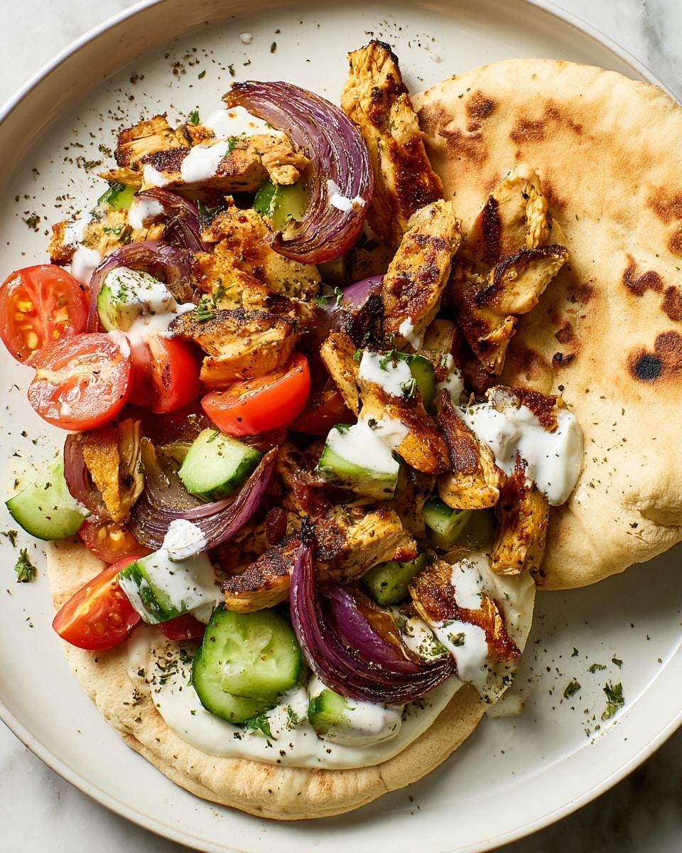 A close-up of a white marbled surface with a metal baking tray full of grilled chicken pieces that are golden brown with some charred edges. On top of the chicken layer, there are bright red halved cherry tomatoes and small diced green cucumber pieces scattered around. White creamy sauce with green herbs is drizzled over the top, adding a soft texture. In the center, a woman's hand is holding a piece of torn flatbread filled with the grilled chicken, cherry tomatoes, cucumber, and sauce, showing the layers inside. In the background, there are more pieces of white flatbread stacked near the tray, and a white bowl with a creamy dip with green herb bits sits slightly blurred. The overall scene is bright and vibrant. photo taken with an iphone --ar 4:5 --v 7