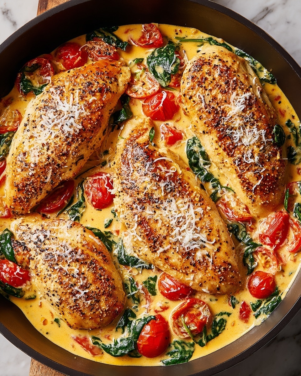A close-up of four golden brown chicken breasts with a slightly crispy, pepper-speckled skin, lying in a creamy sauce that is orange-yellow in color. The sauce is dotted with halved bright red cherry tomatoes and dark green spinach leaves, overlapping and mixed throughout. Grated white cheese is sprinkled softly on top of the chicken pieces, adding a light texture contrast. All of this is served in a black pan on a white marbled surface. Photo taken with an iphone --ar 4:5 --v 7