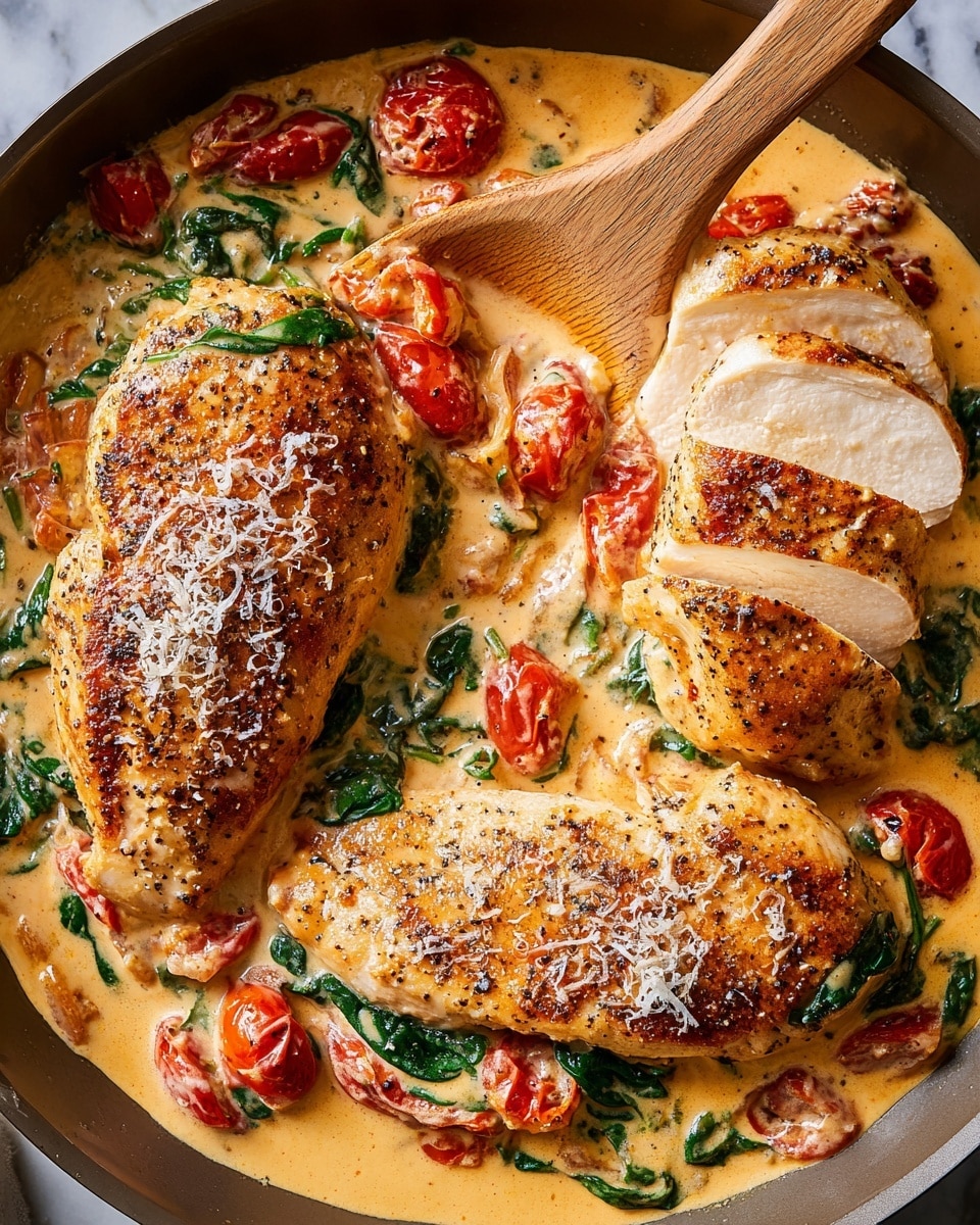 This image shows a pan with three cooked chicken breasts in a creamy sauce. Two whole chicken breasts have a golden-brown, crispy skin with pepper and grated cheese on top. The third chicken breast is sliced in the middle, showing white juicy meat inside. The sauce is thick and creamy, light orange in color with pieces of red cherry tomatoes and green spinach leaves mixed in. A wooden spoon rests in the sauce near the sliced chicken. The dish is shown close-up, emphasizing the textures of the crispy skin, creamy sauce, and fresh vegetables. The background is a white marbled texture. photo taken with an iphone --ar 4:5 --v 7