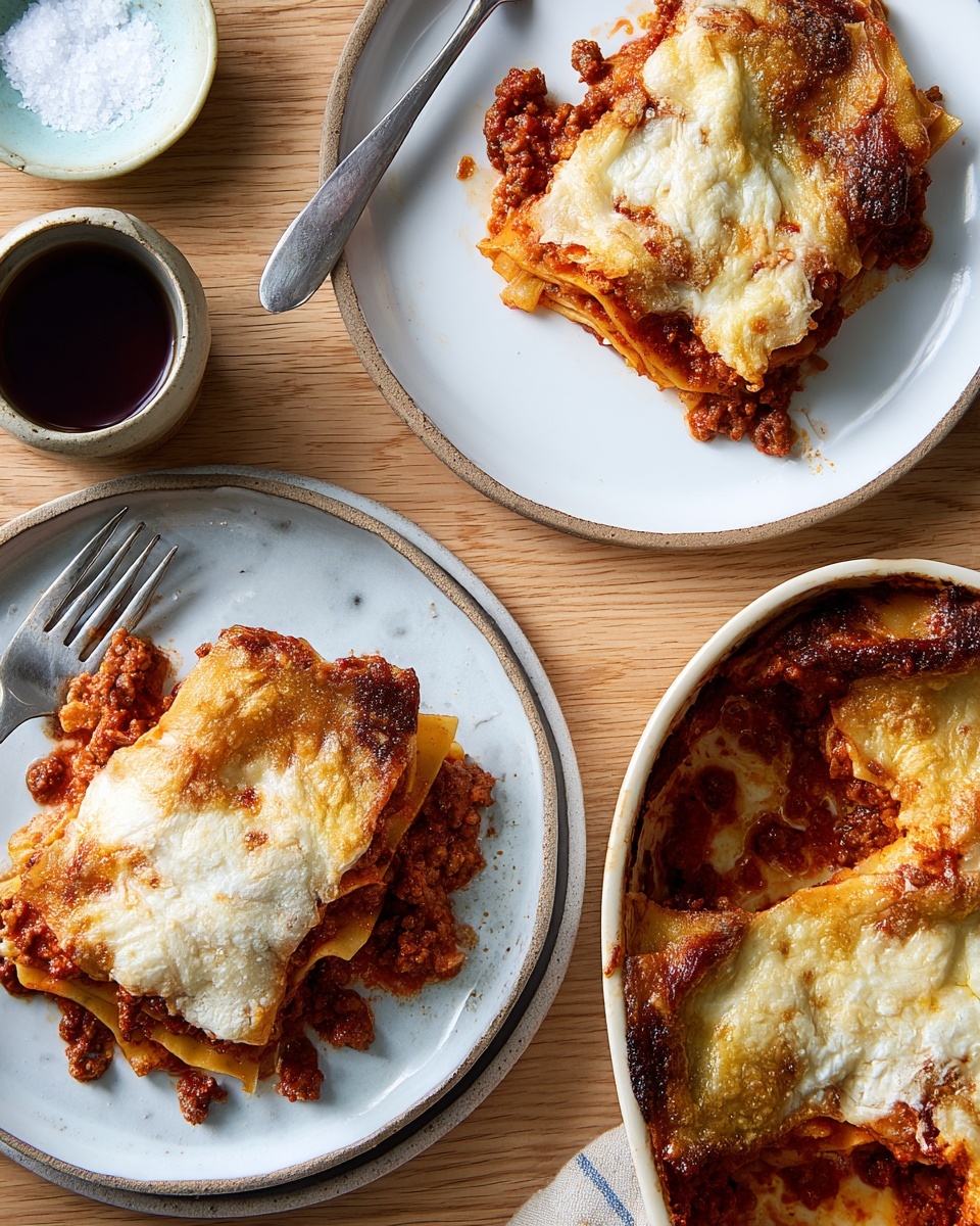 The image shows two white plates with a golden-brown baked lasagna slice on each, placed on a light wooden table with a white marbled texture. Each lasagna slice has about four visible layers: the bottom layer is a slightly crispy pasta sheet, the next layer is a rich red meat sauce with chunks of ground meat, followed by a creamy white cheese layer, and the top layer is melted mozzarella cheese that is white with some browned spots. Next to one plate is a silver fork, and a small white bowl filled with coarse salt and a white cup partially filled with dark liquid are also visible. On the right, part of a white oval baking dish shows the remaining lasagna with bubbly, browned cheese on top. Photo taken with an iphone --ar 4:5 --v 7