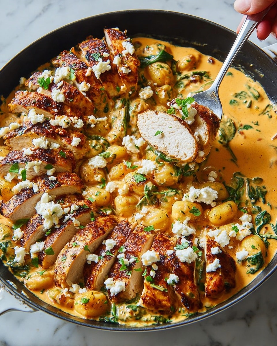 This image shows a black skillet filled with several layers of food. The bottom layer is a creamy light orange sauce mixed with small round gnocchi and spinach leaves. On top of this sauce, there are sliced chicken breasts with a golden brown, slightly crispy skin arranged in a semi-circle around the skillet edges. White crumbled cheese and green basil leaves are sprinkled over everything. A silver spoon held by a woman's hand lifts a piece of the sliced chicken with sauce and gnocchi, showing the texture of the juicy white meat inside. The skillet sits on a white marbled surface. Photo taken with an iphone --ar 4:5 --v 7